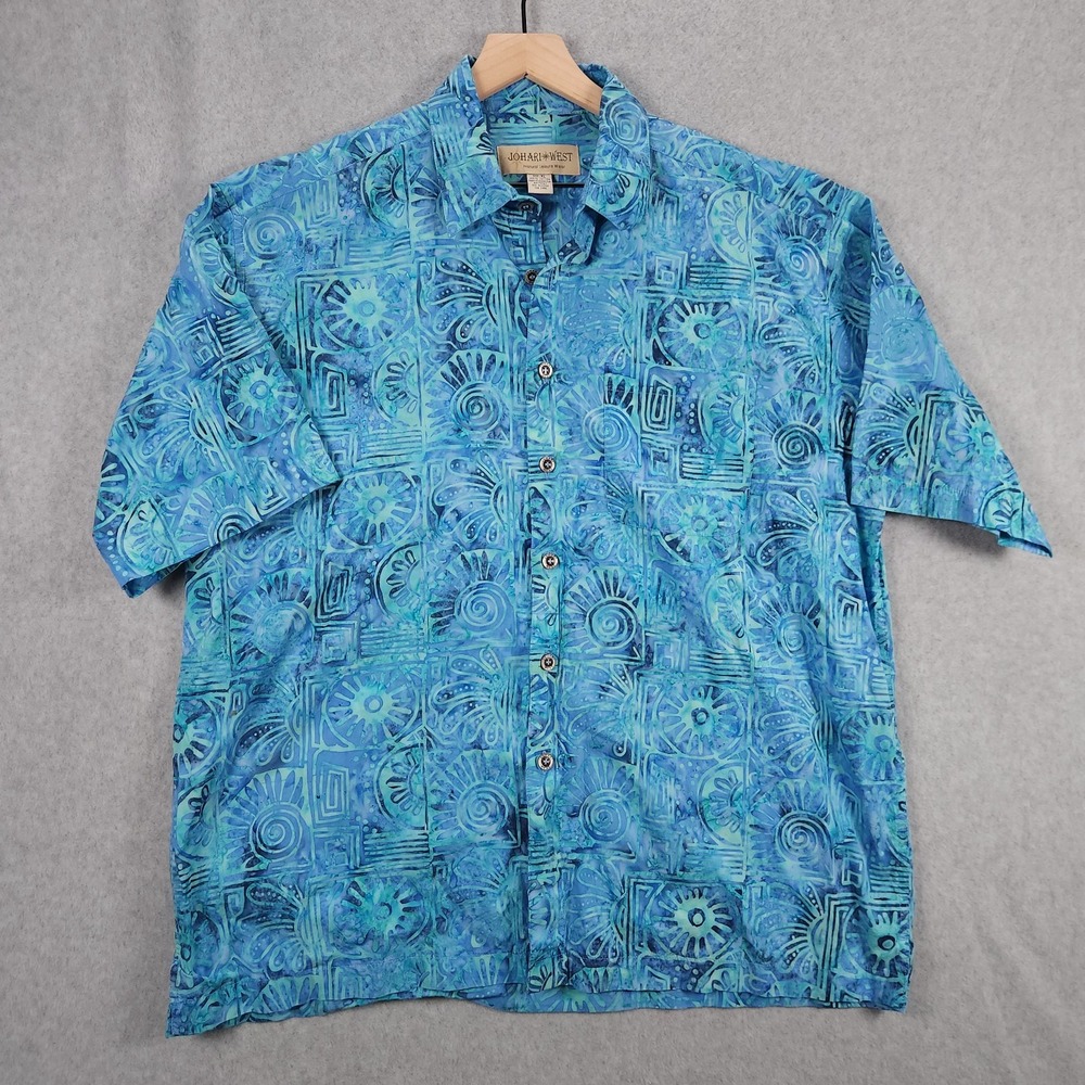 Johari West Mens XL Blue Hawaiian Tropical Short Sleeve Button Casual Shirt